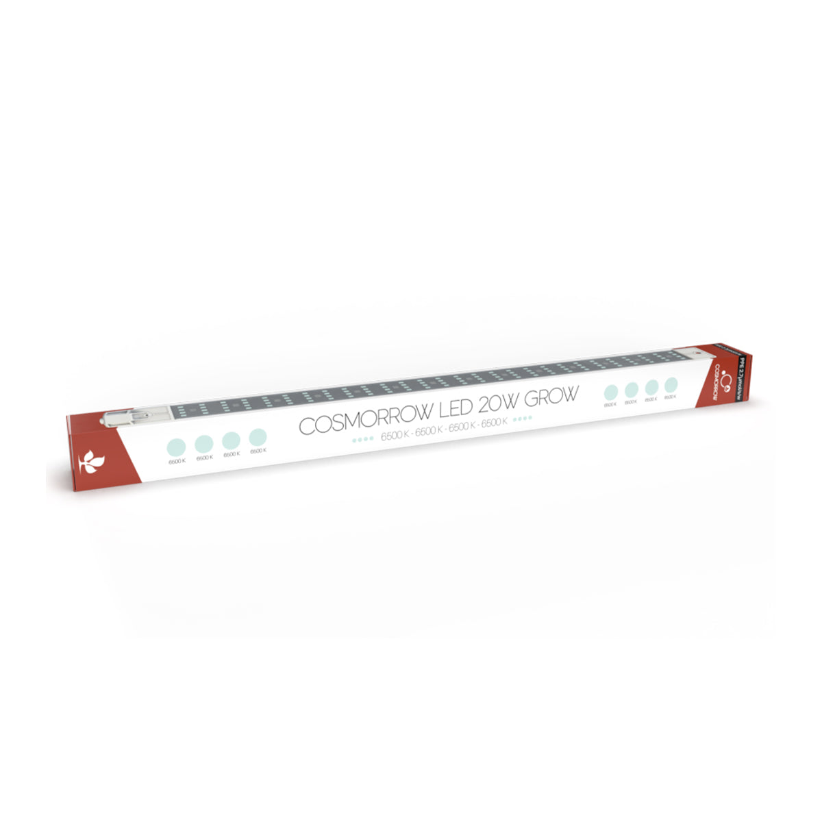 LED Growlampe in länglicher und schmaler Form in der Verpackung. Die Aufschrift lautet "Cosmorrow LED 20W Grow" und es wird als Information angegeben, dass das Lichtspektrum 6500 Kelvin ist. Die Verpackung ist weiß und rot.