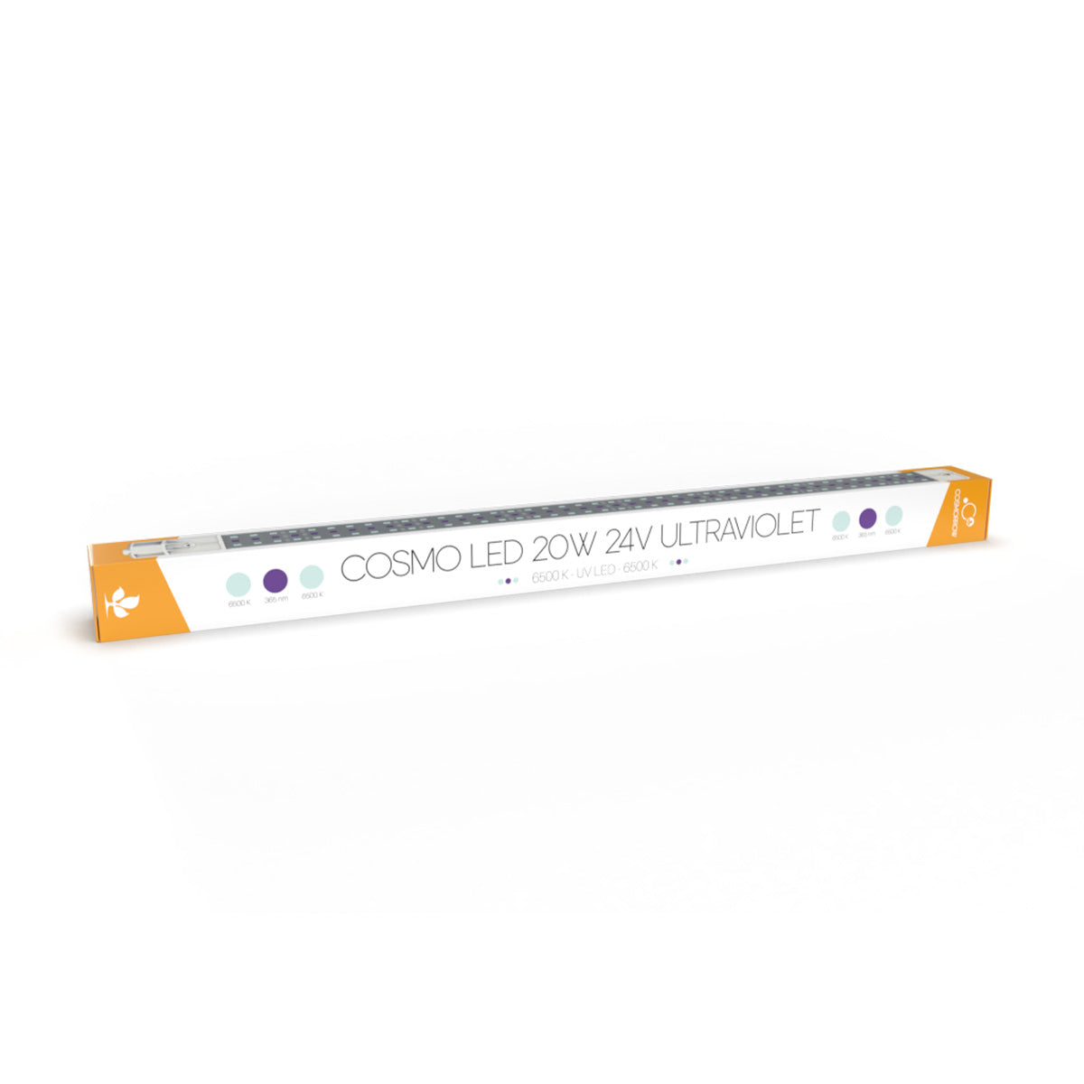 LED Grow-Lampe zur Förderung des Wachstums von Hanfpflanzen in der Verpackung. Auf der Verpackung ist die Aufschrift "Cosmo LED 20W 24V Ultraviolet" in einer schwarzen Schrift. Diie Kartonverpackung ist großteils weiß, links und rechts orange. Die LED-Beleuchtung ist ebenfalls abgebildet.