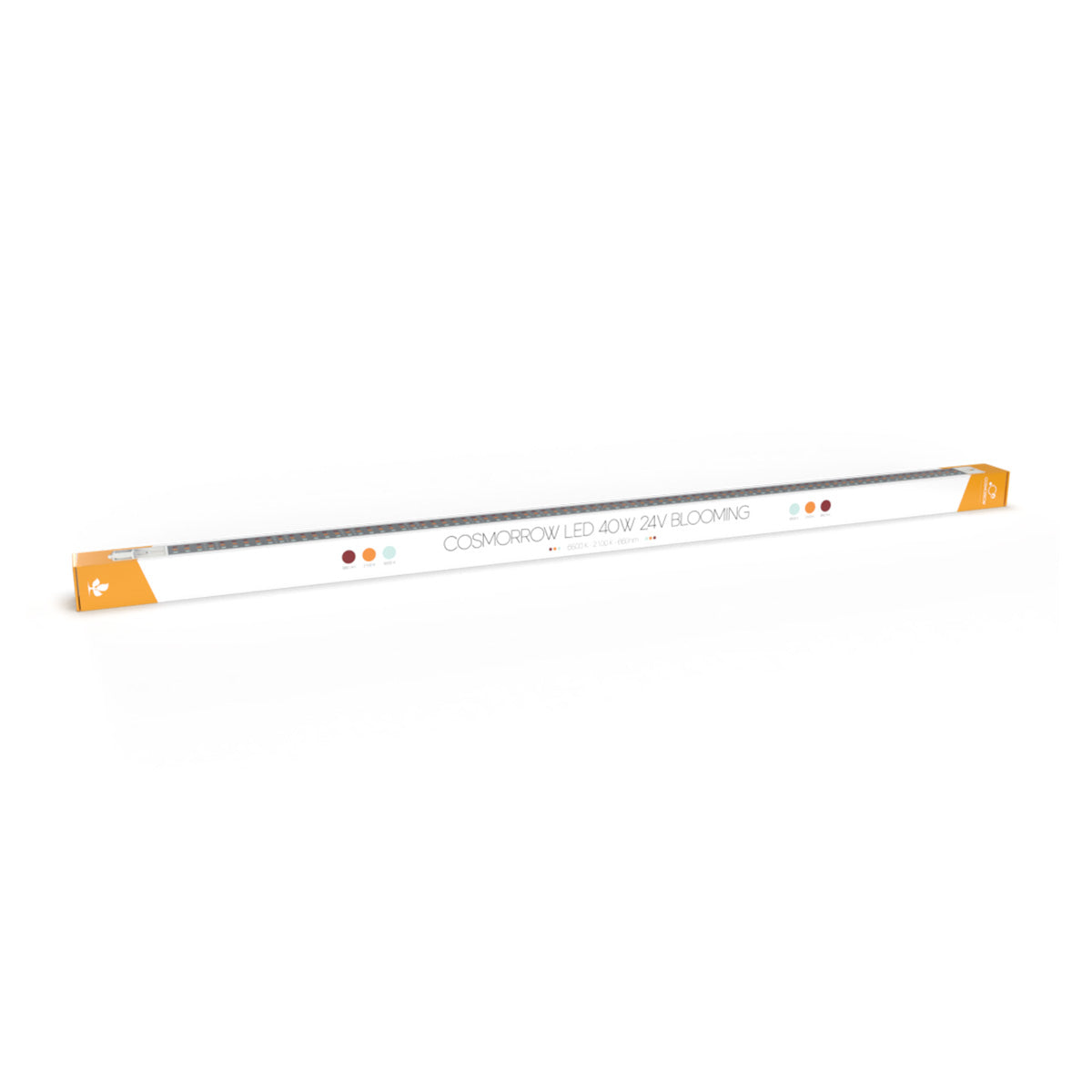 LED Growlampe für Wachstum der Hanfpflanze in der Verpackung. Weiße Verpackung und orange an den Seiten links und rechts. Auf der Verpackung steht "Cosmorrow LED 40W 24V Blooming". Information zu den LEDs, dass sie in hellblau, orange und dunkelrot leuchten.