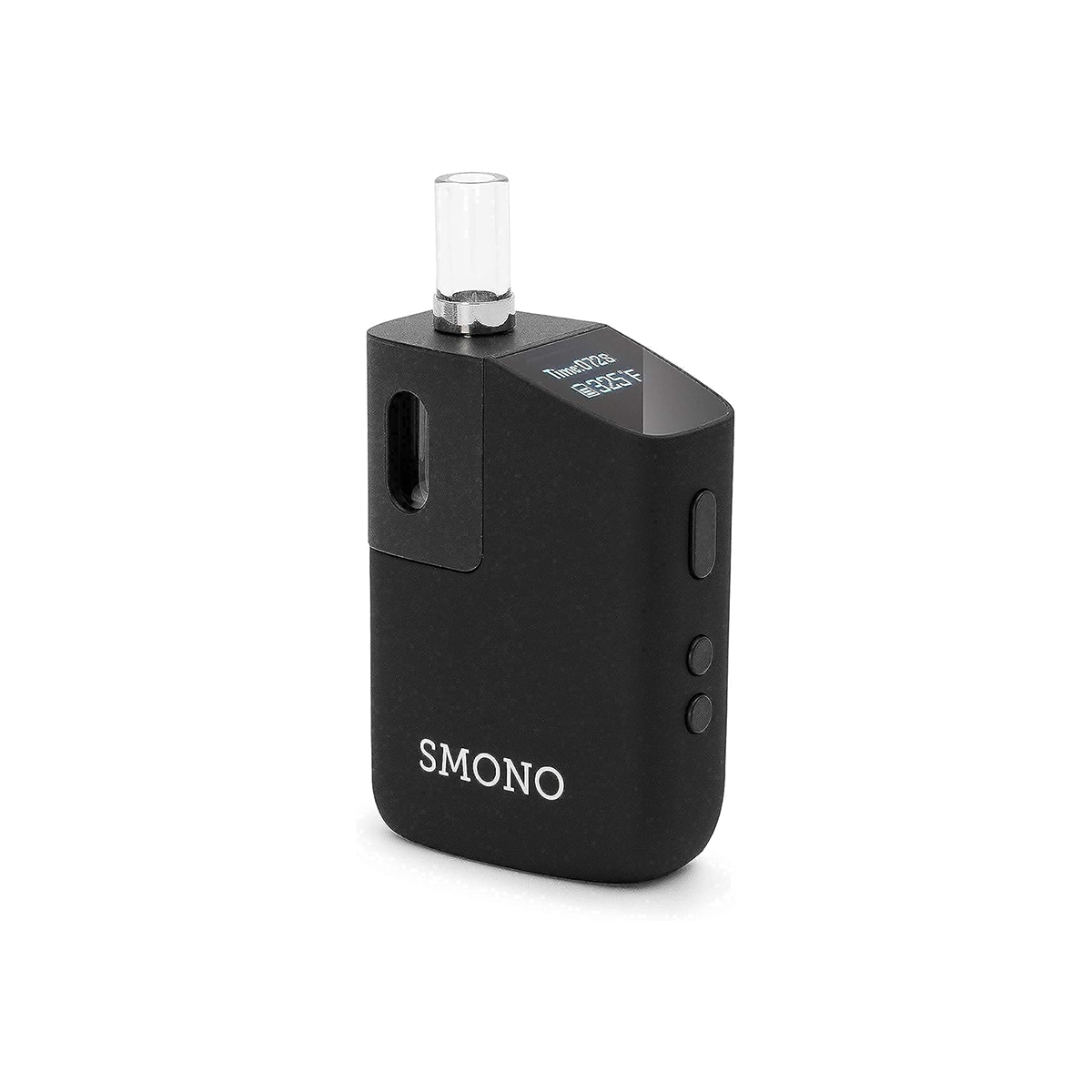 Kompakter kleiner Vaporizer von der Marke Smono. Schwarzes Gehäuse mit trnapsarentem Aufsatz.