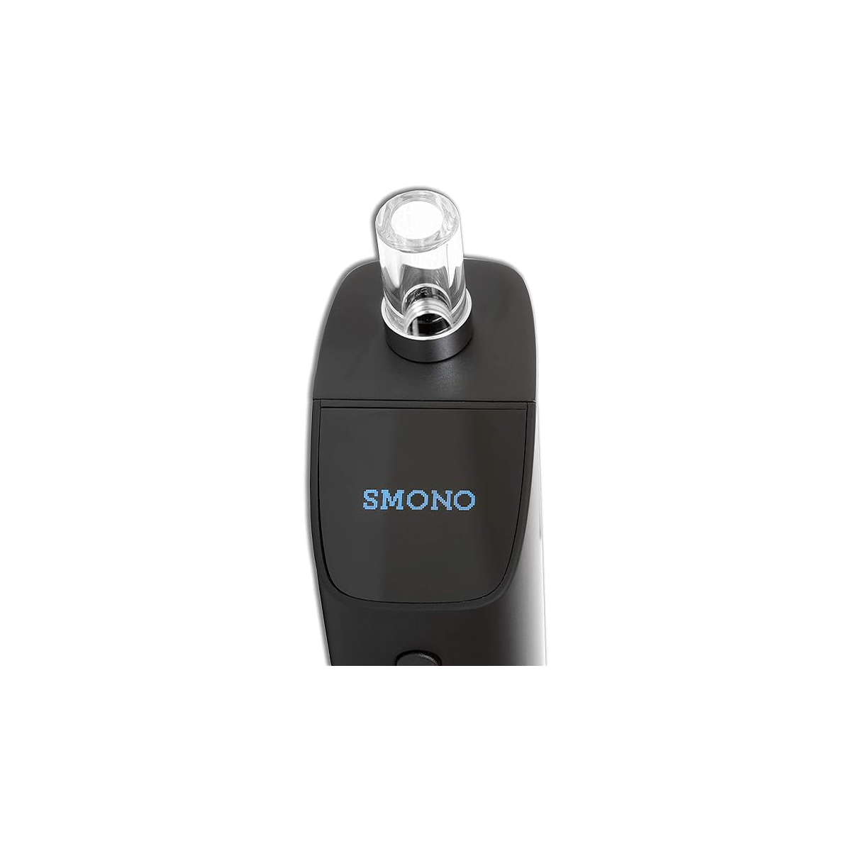 Kompakter kleiner Vaporizer von der Marke Smono. Schwarzes Gehäuse mit trnapsarentem Aufsatz. Auf dem Display steht in blauen Versalien die Aufschrift SMONO.
