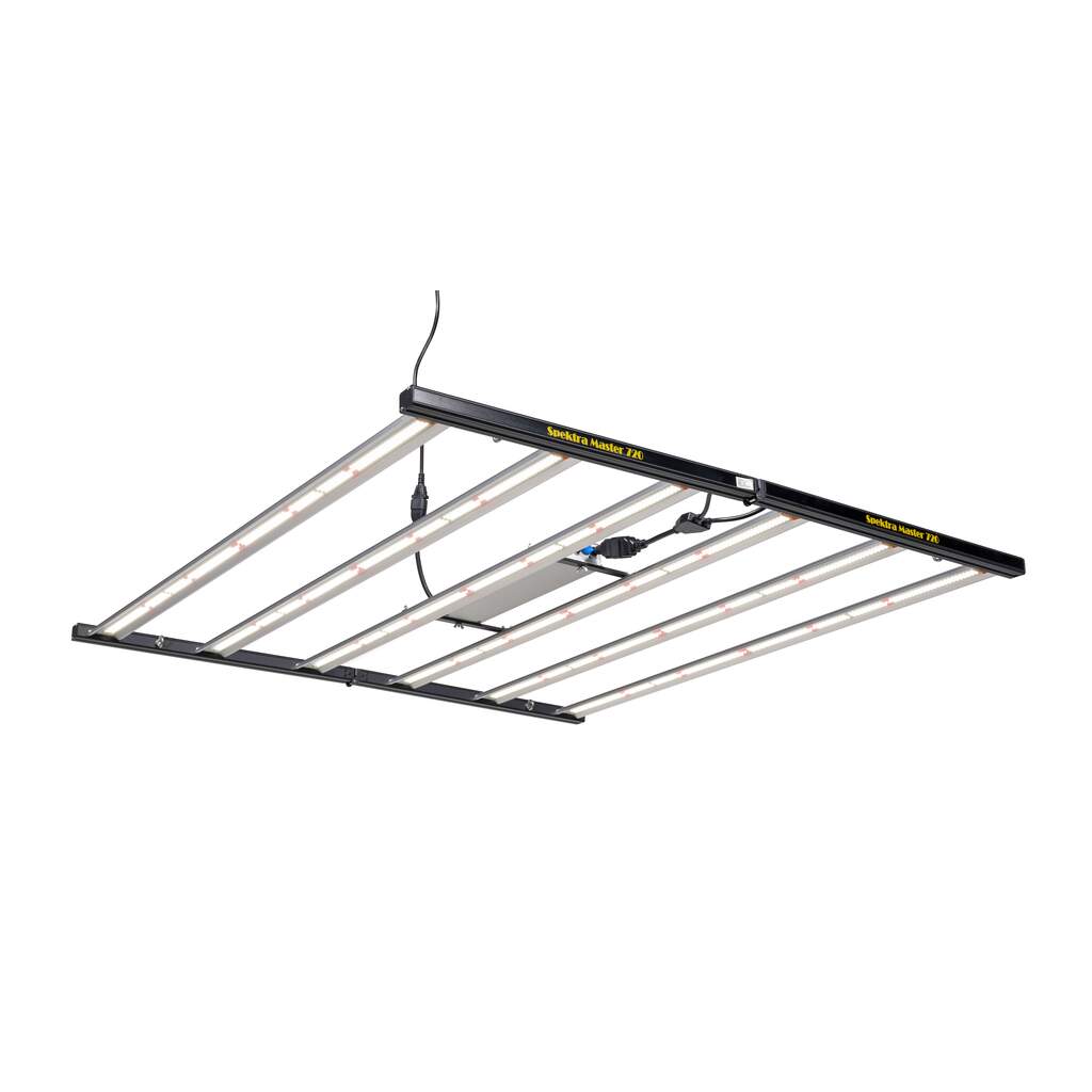 Innovative LED Grow Leuchte mit sechs Lichtleisten. Sie ist einhundertneunzehn Komma fünf Zentimeter mal einhundertzehn Komma acht Zentimeter groß.