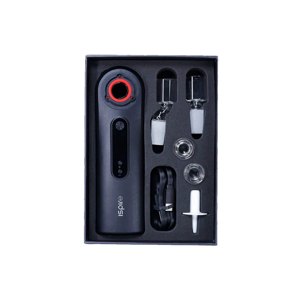 Der The Wand Verdampfer von der Marke Dynavap. Handgerät in der Farbe schwarz mit rotem Anteil vor einem weißen Hintergrund.