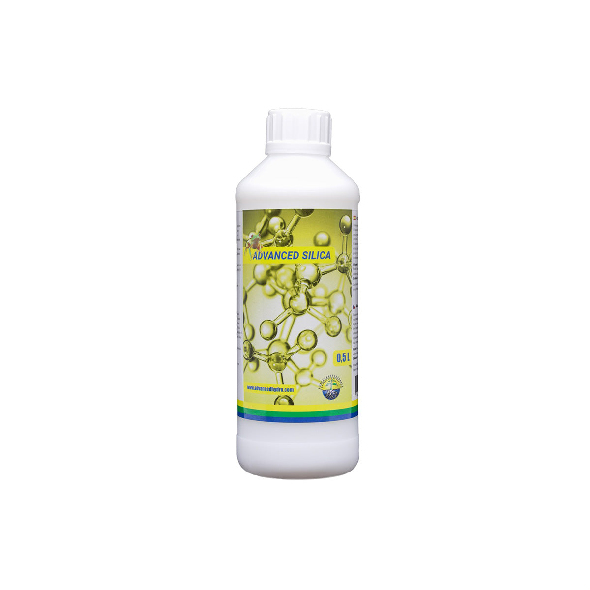 Pflanzenhilfsmittel Silica von der Marke Advanced Hydroponics in einer weißen Kunststoffflasche mit gelbem Etikett vor einem weißen Hintergrund.