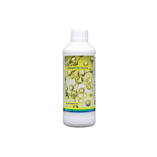 Pflanzenhilfsmittel Silica von der Marke Advanced Hydroponics in einer weißen Kunststoffflasche mit gelbem Etikett vor einem weißen Hintergrund.