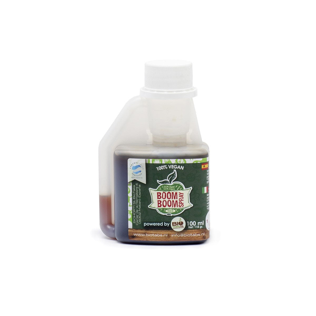 BioTabs Boom Boom Spray 100 Milliliter von der Marke BIO Tabs. Das Produkt ist in einer milchig transparenten kleinen Flasche auf einem weißen Hintergrund.