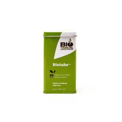 BioTabs Tabletten von der Marke BIO Tabs. Zehn Stück Tabletten in einer rechteckigen Metalldose auf einem weißen Hintergrund.