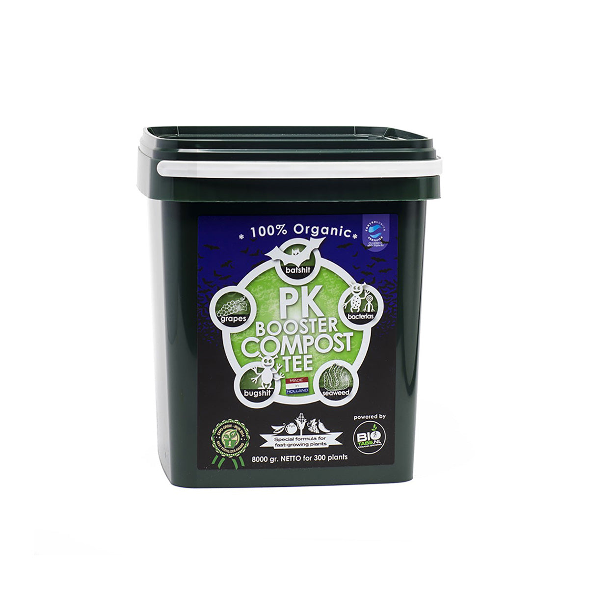 PK Booster Compost Tee von der Marke BIO Tabs in einer Kunststoff Box in der Größe neun Liter. Auf einem weißen Hintergrund.