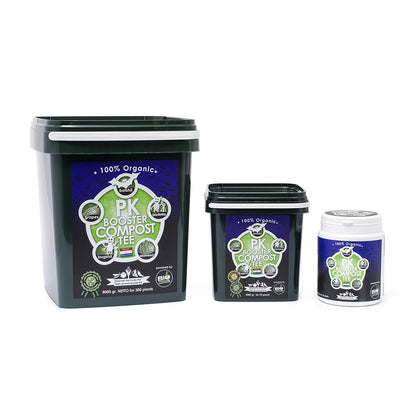PK Booster Compost Tee der Marke Bio Tabs in drei verschiedenen Mengen auf einem weißen Hintergrund.
