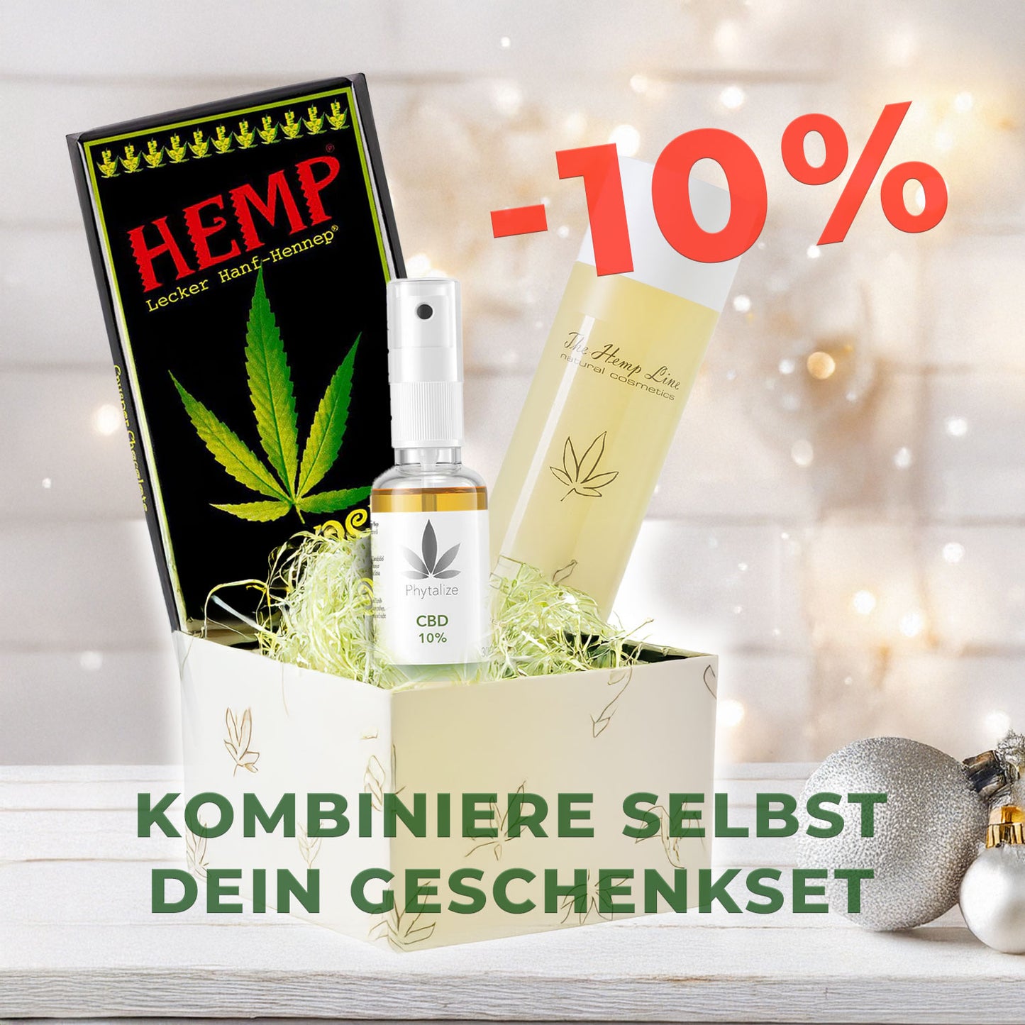 CBD Öl, Hanfschokolade und Hanf Duschgel in einem Geschenkbox mit Weihnachtsdekoration