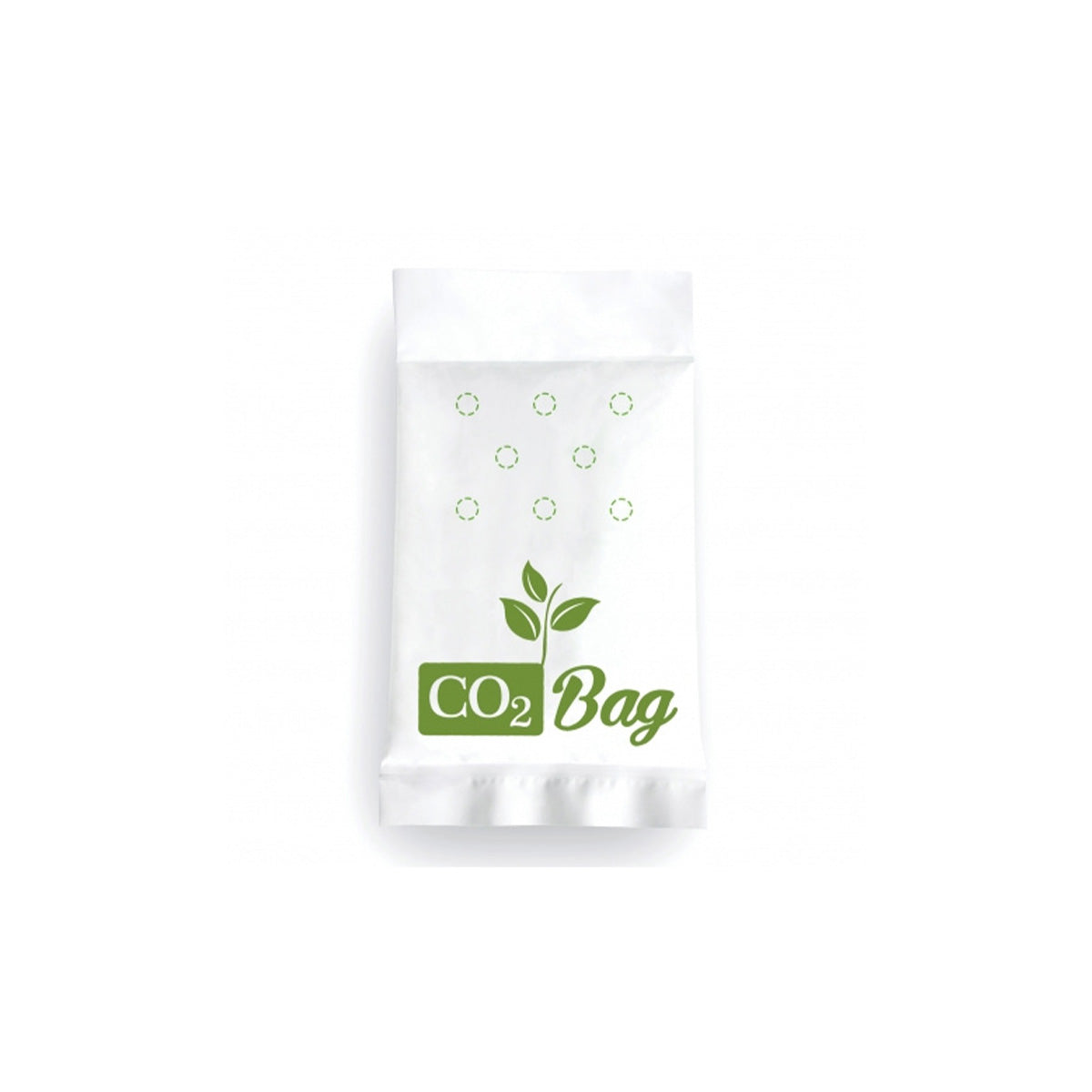 weiße CO2 Tasche mit grüner Aufschrift und grünen Elementen vor einem weißen Hintergrund