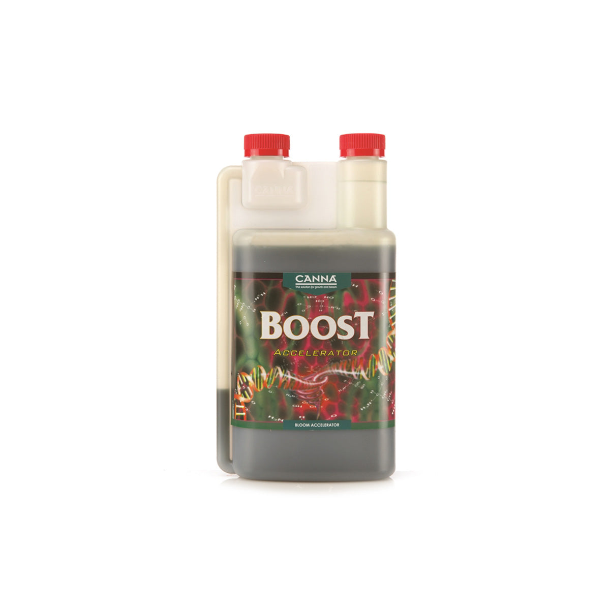 Pflanzenhilfsmittel Canna Boost von der Marke Canna in einem milchig transparenten Kunststoffbehälter mit Etikett und rotem Schraubdeckel vor einem weißen Hintergrund.