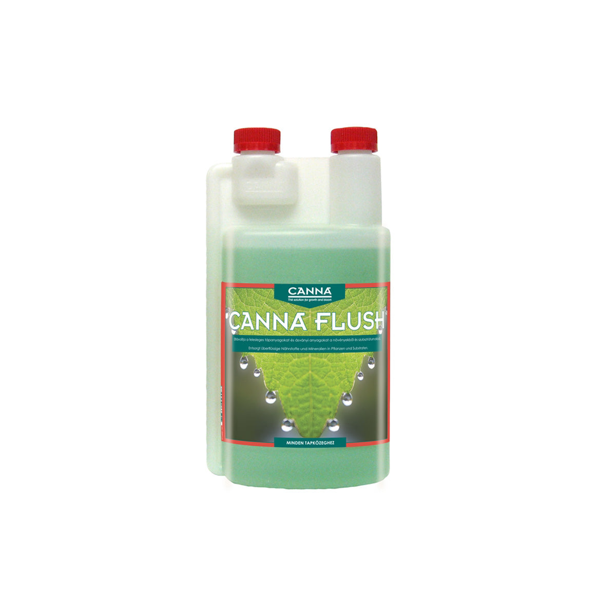 Pflanzenhilfsmittel Canna Flush von der Marke Canna in einem milchig transparenten Kunststoffbehälter mit Etikett und roten Schraubdeckeln vor einem weißen Hintergrund.