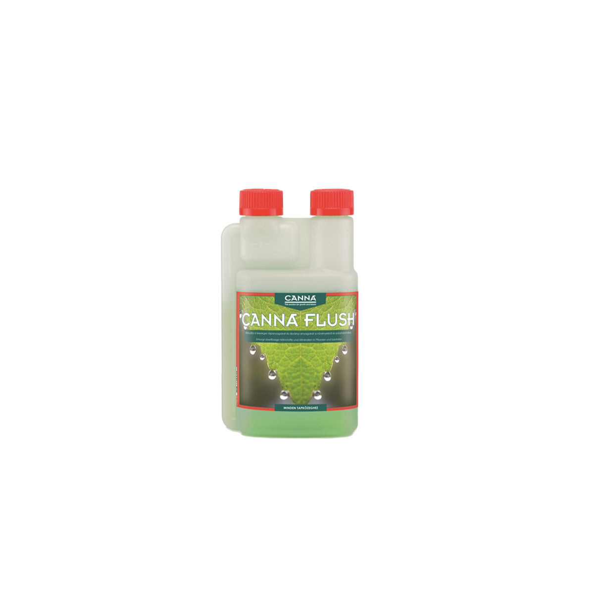 Pflanzenhilfsmittel Canna Flush von der Marke Canna in einem milchig transparenten Kunststoffbehälter mit Etikett und roten Schraubdeckeln vor einem weißen Hintergrund.