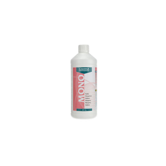 Pflanzenhilfsmittel Canna Mono Phosphor (P 17%) 1 L  von der Marke Canna in einer weißen ein Liter Kunststoff mit rosa Etikett und weißem Schraubdeckel vor einem weißen Hintergrund