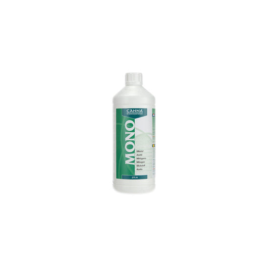 Pflanzenhilfsmittel Canna Mono Stickstoff (N 17%) 1 L  von der Marke Canna in einer weißen ein Liter Kunststoff mit grünem Etikett und weißem Schraubdeckel vor einem weißen Hintergrund