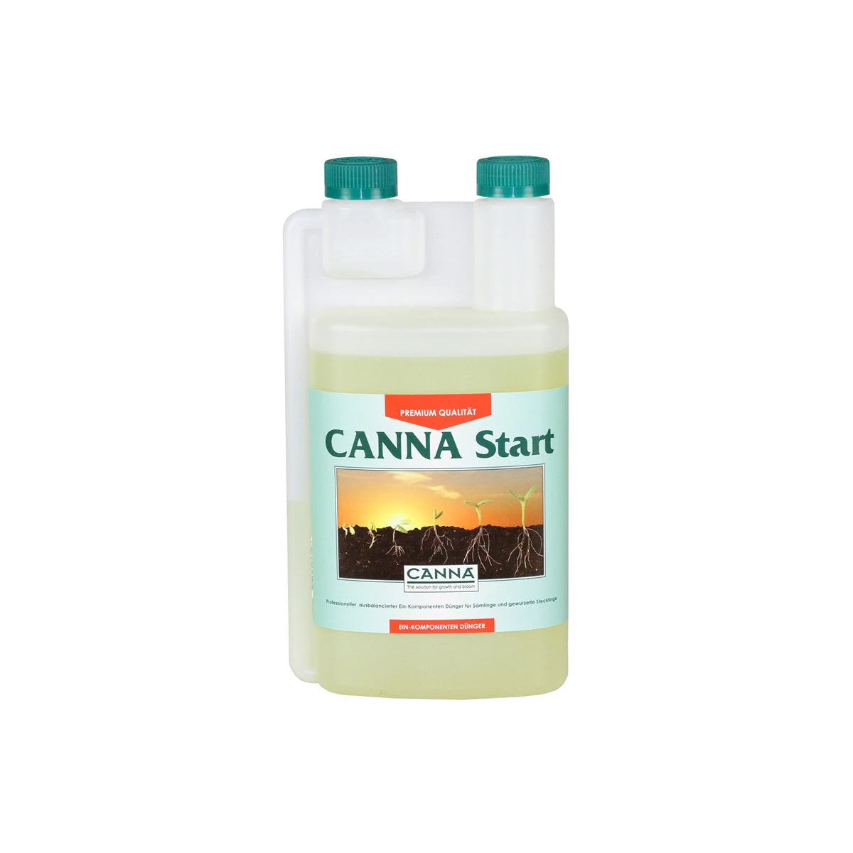 Pflanzenhilfsmittel Canna Start von der Marke Canna in einem milchig transparenten Kunststoffbehälter mit Etikett und grünen Schraubdeckeln vor einem weißen Hintergrund.