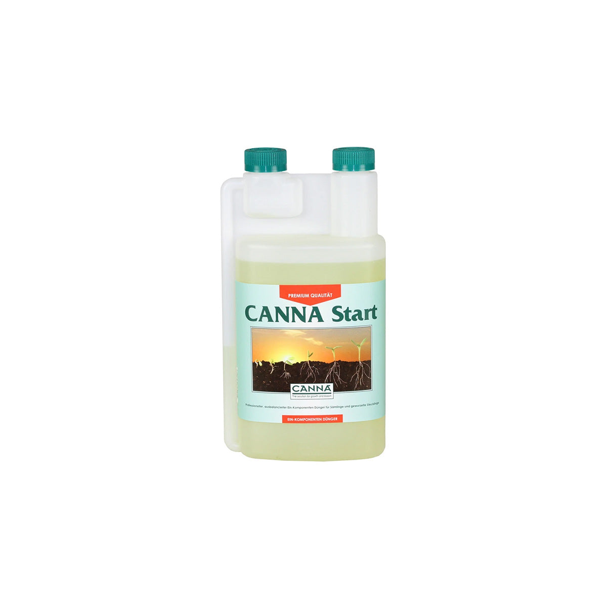 Pflanzenhilfsmittel Canna Start von der Marke Canna in einem milchig transparenten Kunststoffbehälter mit Etikett und grünen Schraubdeckeln vor einem weißen Hintergrund.
