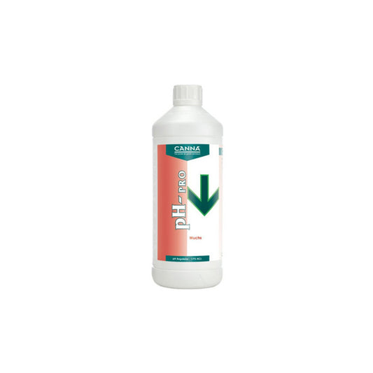 PH-Regulator „Canna pH- Wuchs Pro 1L“ für Pflanzen-Anzucht von der Marke Canna. Weiße Kunststoffflasche mit Etikett vor einem weißen Hintergrund.