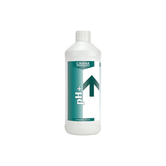 PH-Regulator „Canna pH Plus 1L“ für Pflanzen-Anzucht von der Marke Canna. Weiße Kunststoffflasche mit Etikett vor einem weißen Hintergrund.