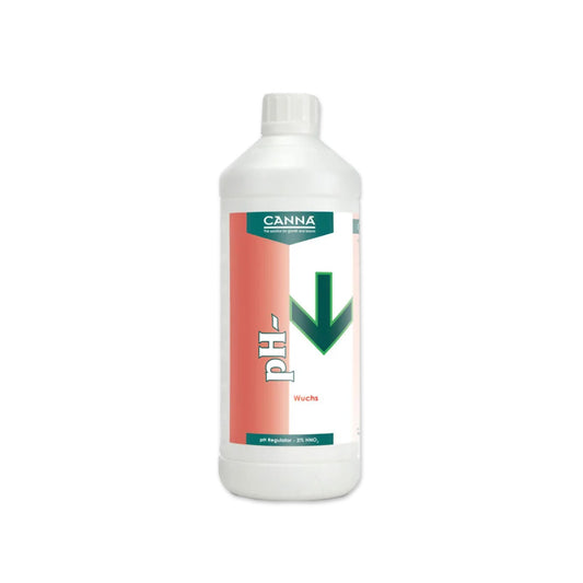 PH-Regulator „Canna pH- Wuchs 1L“ für Pflanzen-Anzucht von der Marke Canna. Weiße Kunststoffflasche mit Etikett vor einem weißen Hintergrund.
