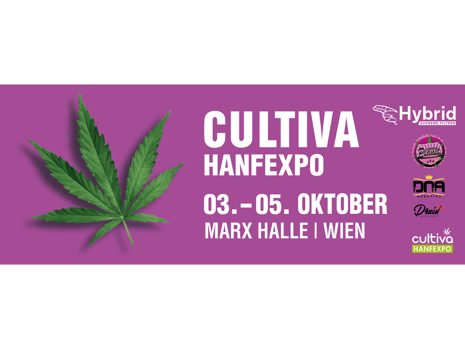 Banner für die Cultiva Hanfexpo Veranstaltung mit weißer Schrift und einem lila Hintergrund. Links befindet sich ein großes Hanfblatt mit einem Schatten. Auf der rechten Seite sind die Sponsoren aufgelistet. Mittig steht Information zu der Veranstaltung.