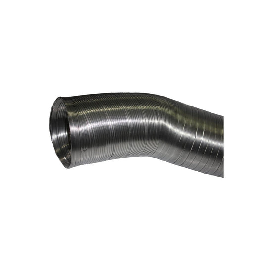 Luftschlauch aus Aluminium von dem Hersteller DEC. 150 Millimeter Durchmesser mal ein Meter Länge. Flexibler Luftschlauch in silber vor einem weißen Hintergrund.