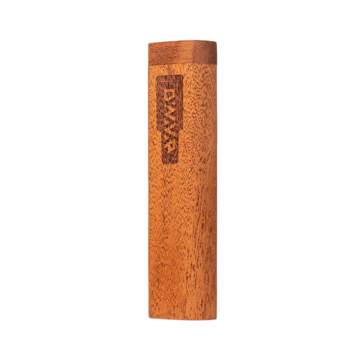 Der Aufbewahrungsbehälter vom The HyperDyn Vaporizer von DynaVap. Ein länglicher, rechteckiger Behälter mit abgerundeten Ecken in Holzoptik und orange-braun Farben auf einem weißen Hintergrund.
