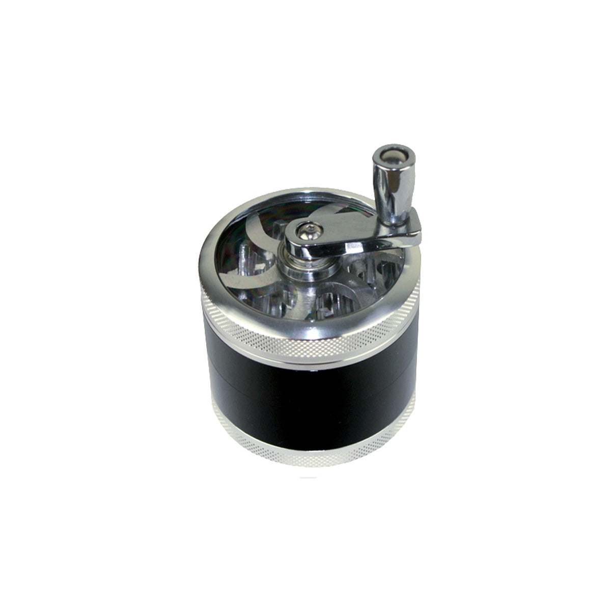 Kurbelgrinder von der Marke Bam Bam Bhole. Grinder zum Zerkleinern von Kräutern mit einer Kurbel. In der Farbe schwarz mit metallenem grau. Das Produkt ist auf einem weißen Hintergrund.