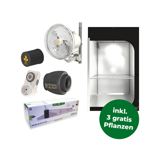 Komplettes Growzelt-Set mit einem Zelt, Extraktor, Filter, Zeitschaltuhr, LED Beleuchtung und Ventilator und einem grünen Störer mit der Info dass es drei gratis Pflanzen dazu gibt.