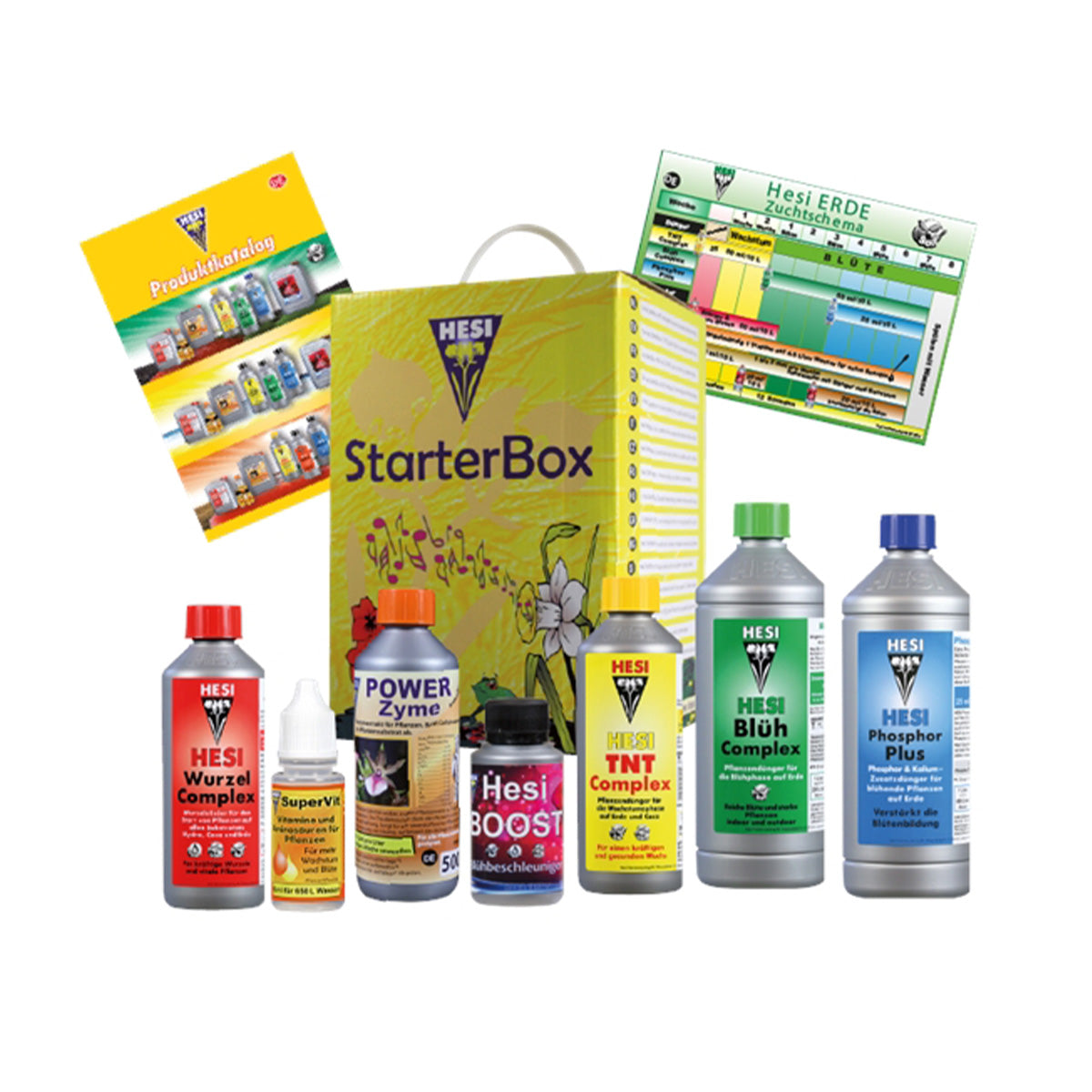 Abgebildet ist die Starter Box Erde von der Marke HESI. Auf dem Bild werden die sieben Flaschen, ein Zuchtschema auf Papier gedruckt sowie ein Produktkatalog, welches die Starter Box beinhaltet, gezeigt. Das Produkt ist auf einem weißen Hintergrund.