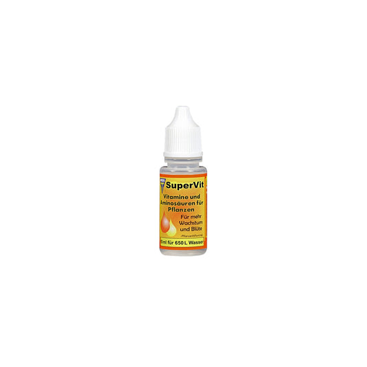 Pflanzenhilfsmittel Super Vit von der Marke Hesi in einem 10ml Kunststofffläschchen mit gelbem Etikett und weißem Deckel vor einem einfarbigen, weißen Hintergrund.