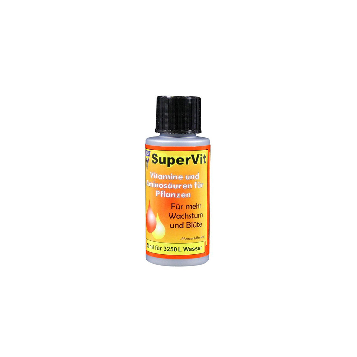 Pflanzenhilfsmittel Super Vit von der Marke Hesi in einer grauen 50ml Kunststoffflasche mit gelbem Etikett und weißem Deckel vor einem einfarbigen, weißen Hintergrund.