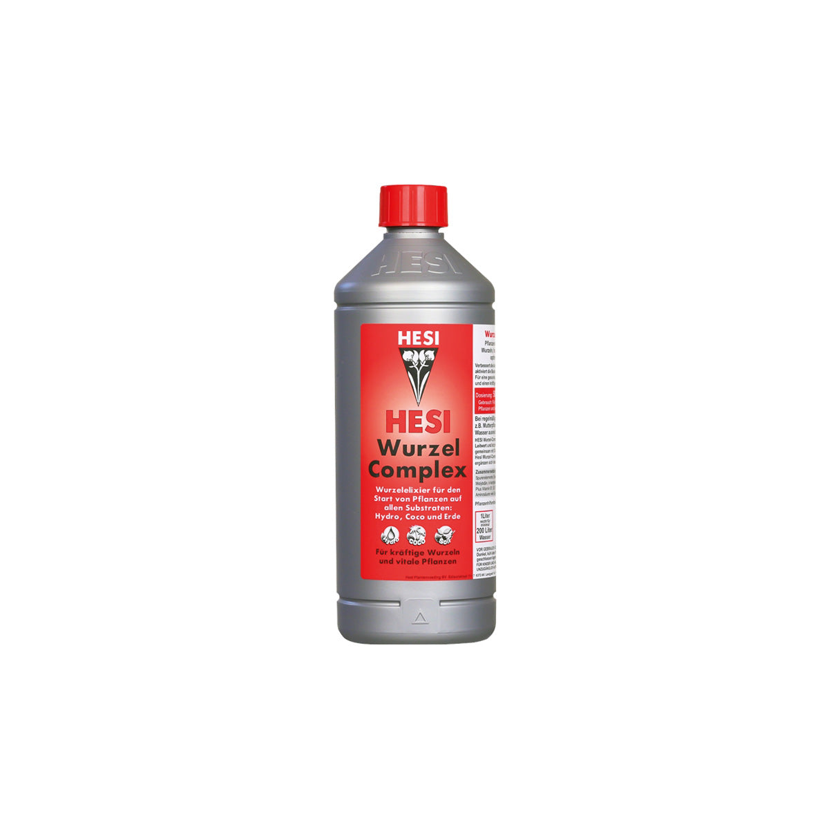 Pflanzenhilfsmittel Wurzel Complex von der Marke Hesi in einer grauen ein Liter Kunststoffflasche mit rotem Etikett und rotem Deckel vor einem einfarbigen, weißen Hintergrund.