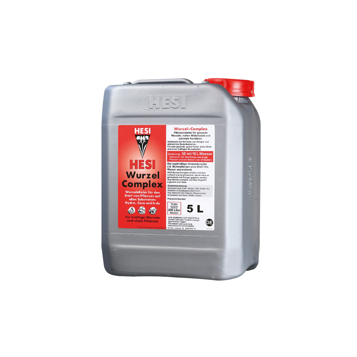 Pflanzenhilfsmittel Wurzel Complex von der Marke Hesi in einem grauen fünf Liter Kunststoffbehälter mit rotem Etikett und rotem Deckel vor einem einfarbigen, weißen Hintergrund.