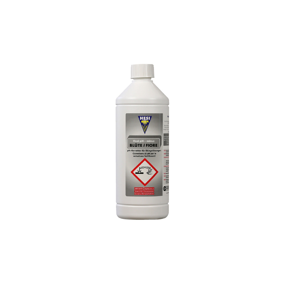 PH-Regulator „Hesi pH- Blüte 1L“ für Pflanzen-Anzucht von der Marke HESI. Weiße Kunststoffflasche mit Etikett und weißem Deckel vor einem weißen Hintergrund.