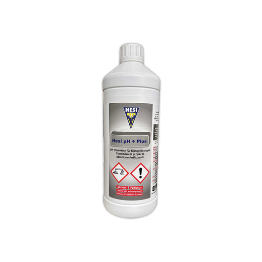 PH-Regulator „Hesi pH+ 1L“ für Pflanzen-Anzucht von der Marke HESI. Weiße Kunststoffflasche mit Etikett und weißem Deckel vor einem weißen Hintergrund.