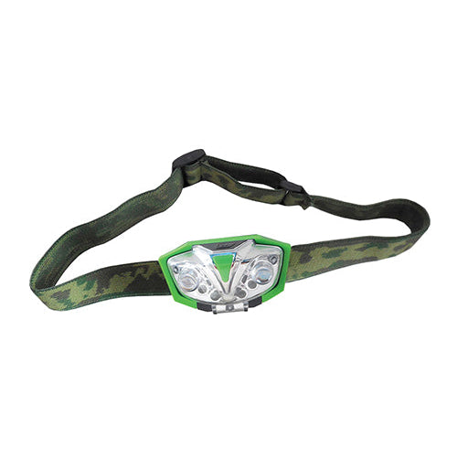 Stirnlampe von der Marke LUMii, das Stirnband hat ein Camouflage-Muster in grün, die Lampe hat einen hellgrünen Rahmen
