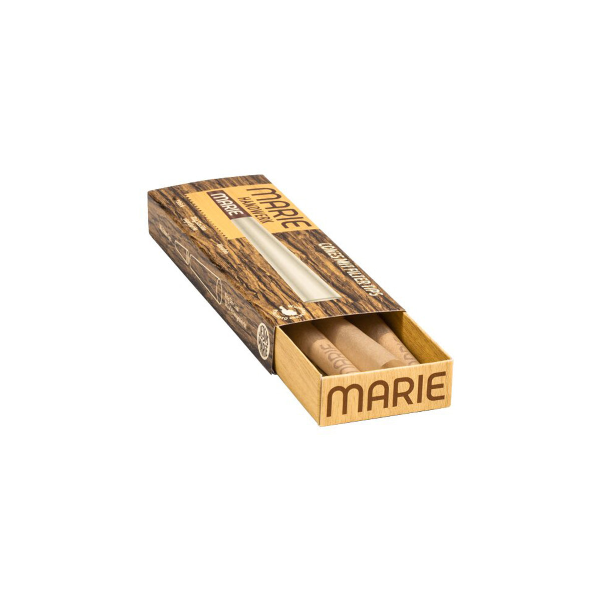 Vorgedrehte Cones mit Filtertips von der Marke MARIE. EIne rechteckige, längliche Verpackung in Holzoptik mit drei vorgedrehten Zigaretten darin. Auf einem weißen Hintergrund.