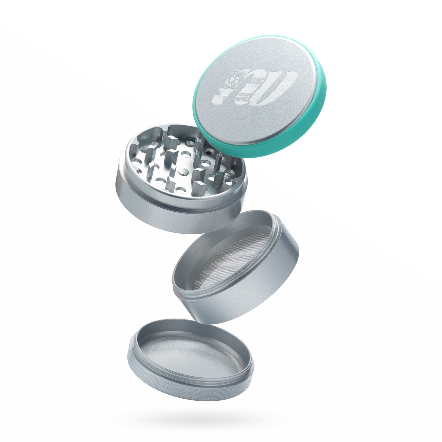 Keramik Grinder mit einem 63 Millimeter Durchmesser von der Marke NV. Die Farbe ist silber, darauf ein türkiser Schutzring.