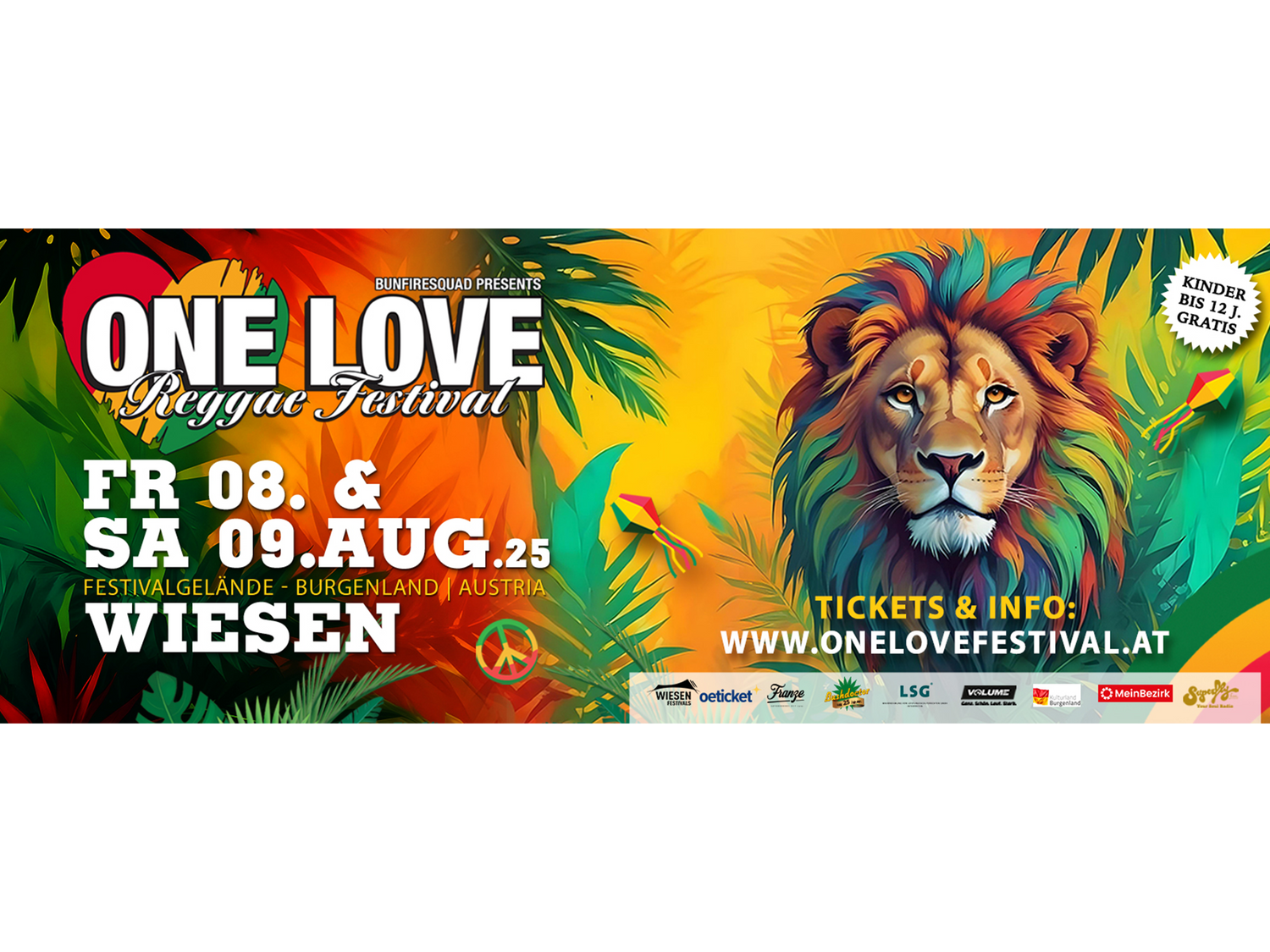Banner für das One Love Reggae Festival 2025 in Wiesen, in den Farben rot, gelb, orange und rot. Rechts ist ein großer Löwenkopf platziert. Text mit den Informationen zu der Veranstaltung und zu den Sponsoren.