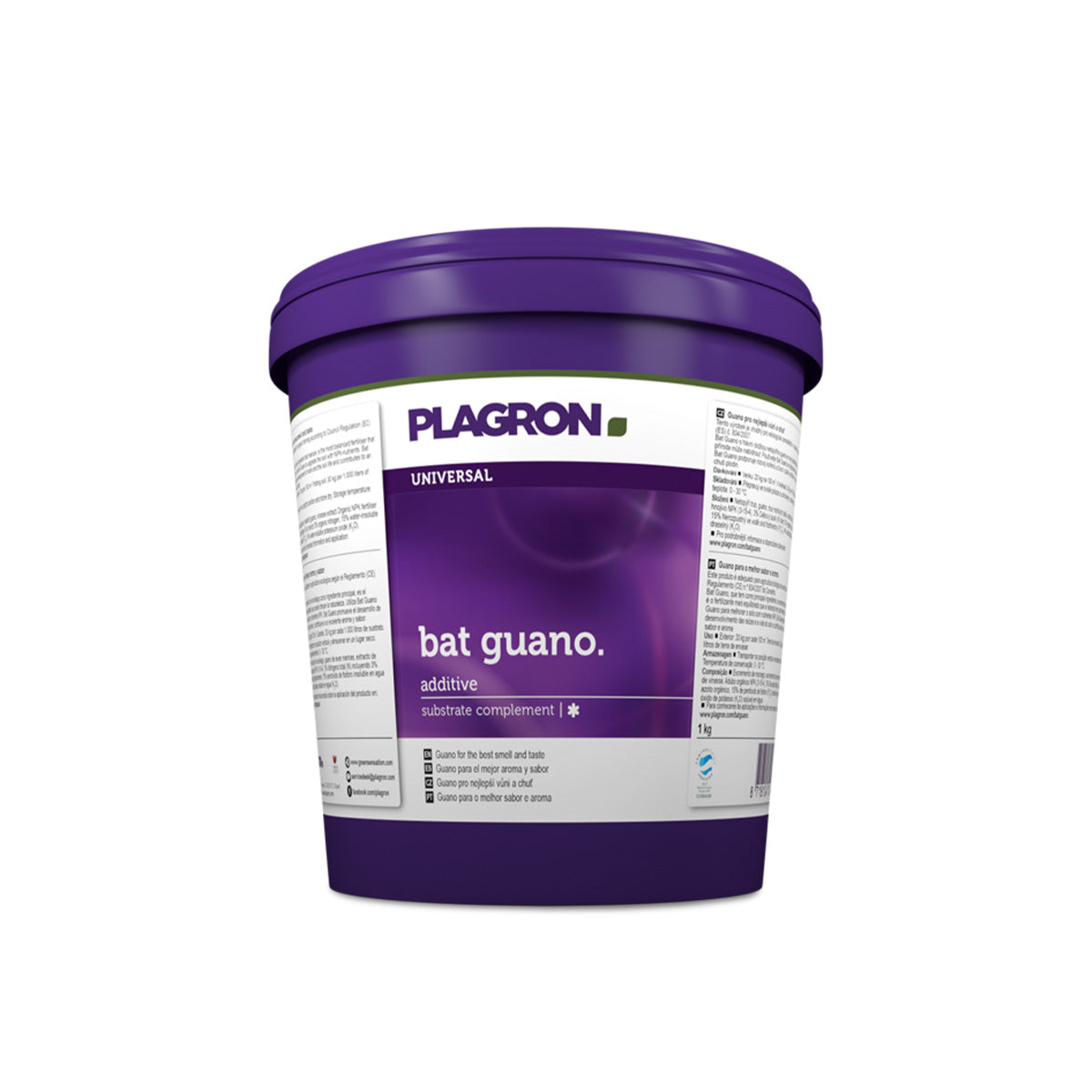 Das Produkt Bat Guano von der Marke PLAGRON in einem runden lila Kunststoffbehälter vor einem weißen Hintergrund.