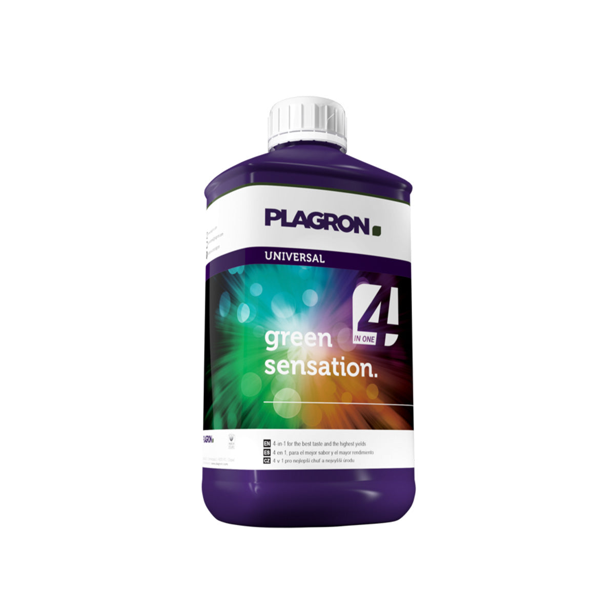 Pflanzenhilfsmittel Green Sensation von der Marke Plagron in einem ein Liter Kunststoffbehälter in der Farbe lila und mit einem Etikett versehen vor einem weißen Hintergrund.