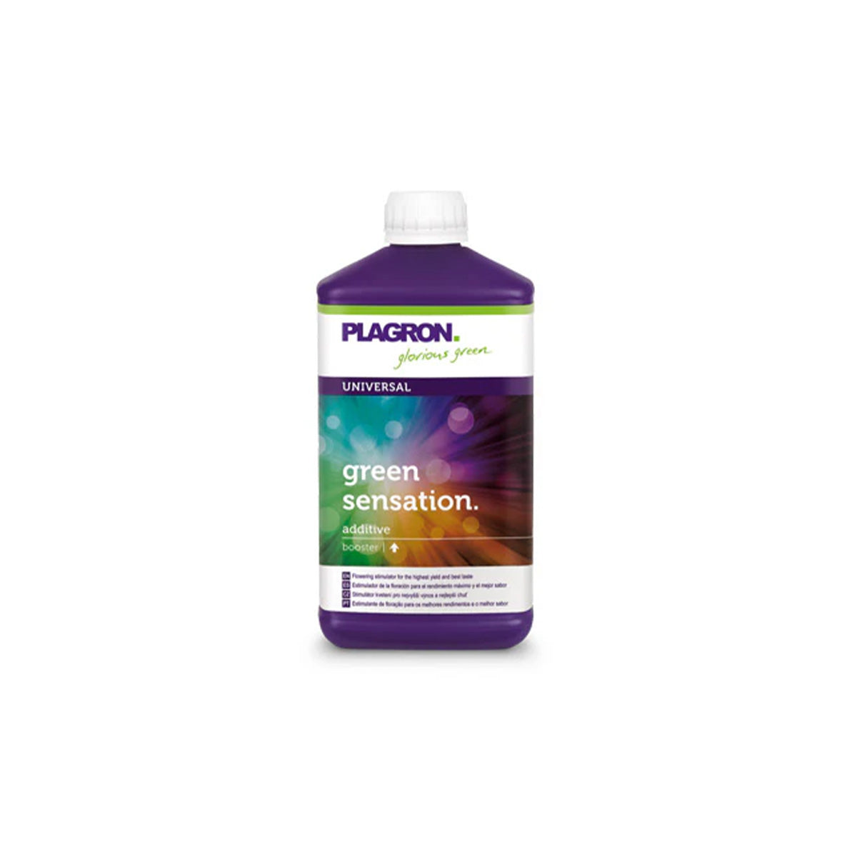 Pflanzenhilfsmittel Green Sensation von der Marke Plagron in einem fünfhundert Milliliter Kunststoffbehälter in der Farbe lila und mit einem Etikett versehen vor einem weißen Hintergrund.