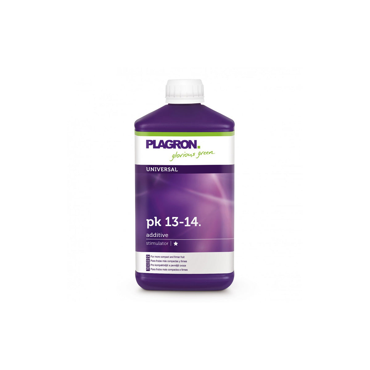 Pflanzenhilfsmittel PK 13-14 von der Marke Plagron in einem fünfhundert Milliliter Kunststoffbehälter in der Farbe lila und mit einem Etikett versehen vor einem weißen Hintergrund.