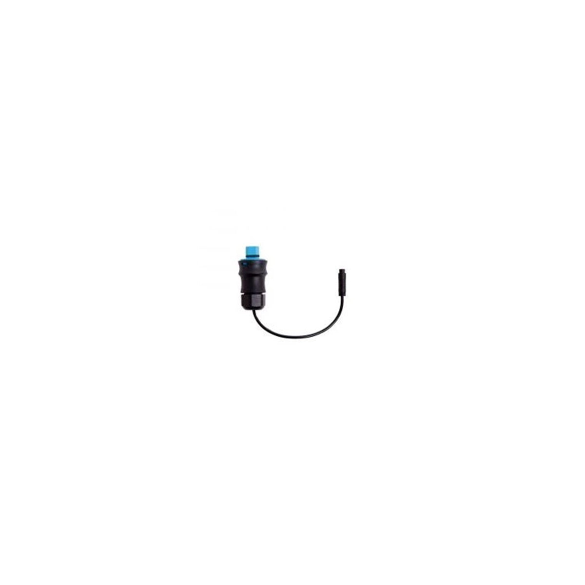 Schwarzer SAMlight Adapterkabel, Modell EXO Flex II Verkabelung als LED Zuebhör für Pflanzenbeleuchtung. Schwarzes Adapterkabel mit einem blauen Ende, auf einem weißen Hintergrund.