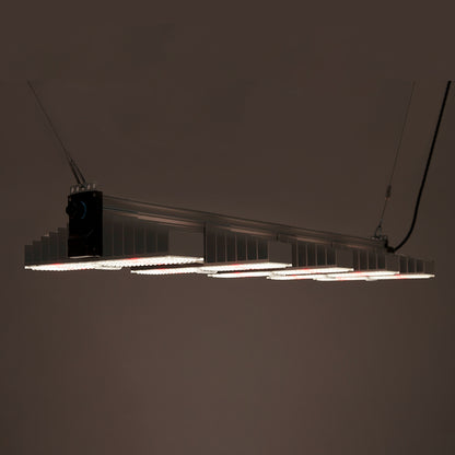 LED Growlampe für höchste Beleuchtungsintensität mit fünf länglichen, schmalen Lichtleisten mit integrierten LEDs. Hängeleuchte zur Förderung des Pflanzenwachstums. Das Bild zeigt die LED Growlampe, wie sie in dunkler Umgebung leuchtet.