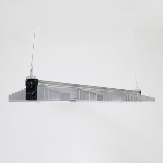 LED Growlampe für höchste Beleuchtungsintensität mit fünf länglichen, schmalen Lampen mit integrierten LEDs. Hängeleuchte zur Förderung des Pflanzenwachstums. 