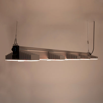 LED Growlampe für höchste Beleuchtungsintensität mit fünf länglichen, schmalen Lampen mit integrierten LEDs. Hängeleuchte zur Förderung des Pflanzenwachstums. Das Bild zeigt die LED Growlampe, wie sie in dunkler Umgebung leuchtet.