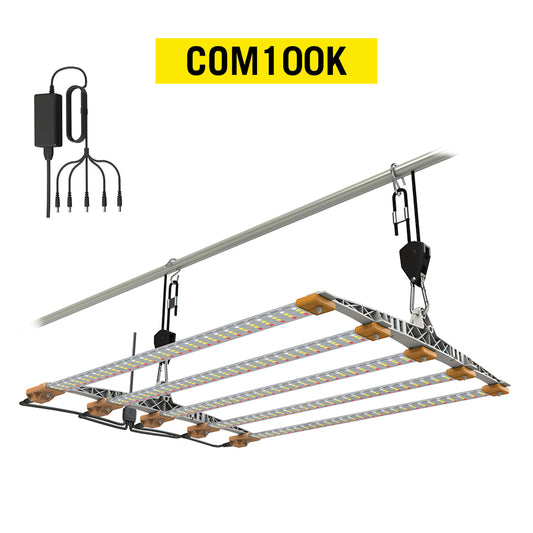 LED Growlampe mit fünf länglichen, schmalen Lampen mit integrierten LEDs. Aufhängung an den Seiten links und rechts. Dabei ist ein schwarzes Netzteil mit fünf Anschlüssen für die LED Growlampe.